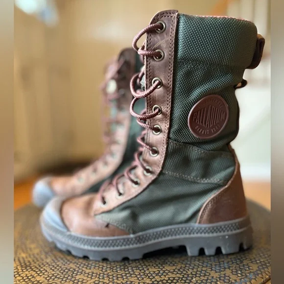 Palladium Green and Brown Combat Boots with Flannel Interior - Picture 2 of 10